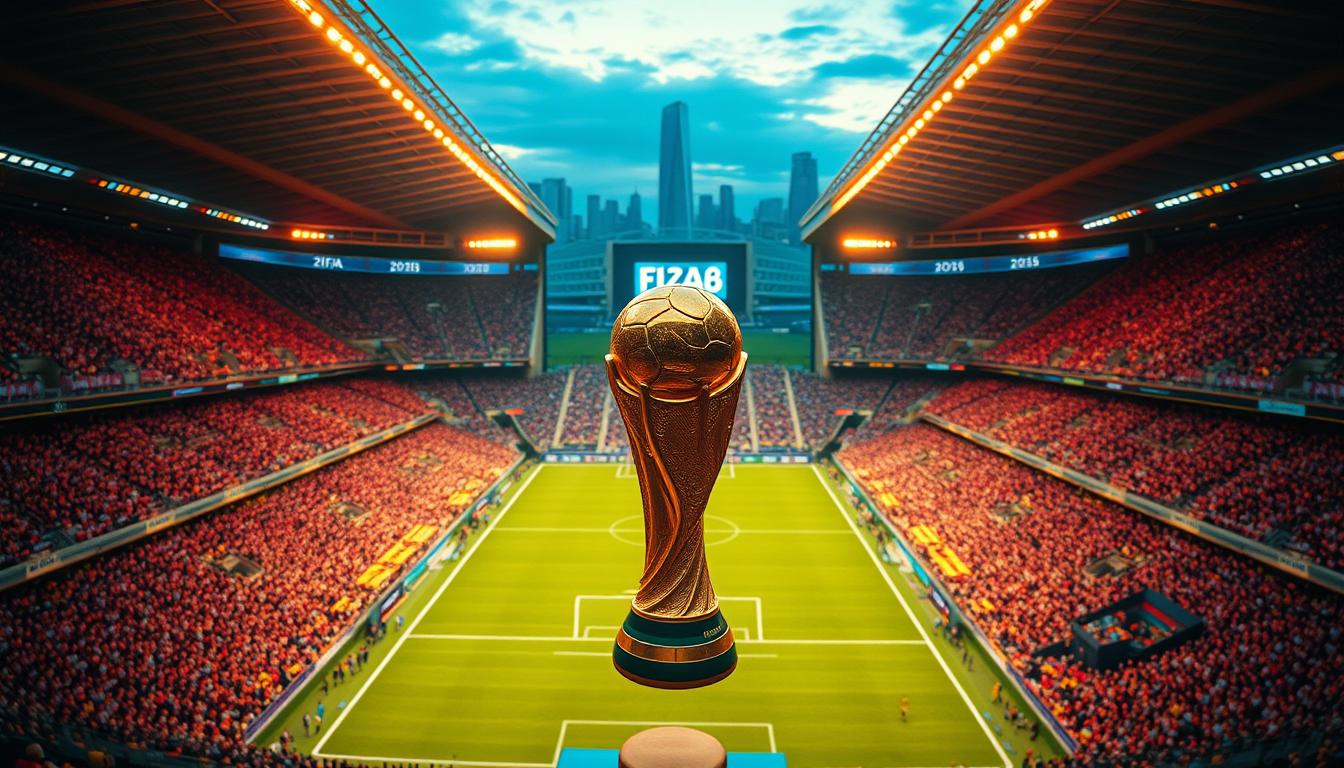 A vibrant, large-scale aerial view of the FIFA 2026 World Cup stadium, capturing the grandeur and energy of the event. The stadium's modern architecture is illuminated by warm evening sunlight, casting dramatic shadows across the pitch. Thousands of fans fill the stadium's seats, their colorful jerseys and scarves creating a captivating mosaic. In the foreground, the iconic FIFA World Cup trophy glistens, surrounded by a sense of anticipation and excitement. The background showcases the host city's skyline, blending seamlessly with the stadium's architectural elements. The scene is rendered with a cinematic depth of field, emphasizing the immersive atmosphere of the world's greatest football tournament.