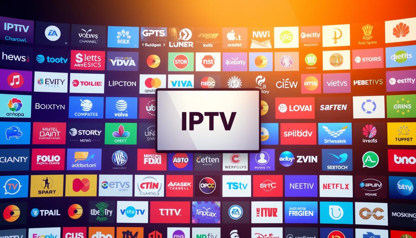 A sprawling grid of vibrant IPTV channel logos and icons, illuminated by a soft, cinematic lighting that casts a warm, inviting glow. The foreground features a diverse array of popular entertainment, news, and sports channels, each with a distinct visual identity. In the middle ground, an elegant, minimalist user interface hints at the comprehensive content library available to the viewer. The background is a subtle gradient, suggesting the boundless possibilities of on-demand streaming. The overall composition conveys a sense of excitement, curation, and the promise of endless entertainment options.
