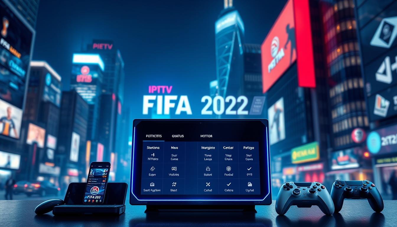A neon-lit cityscape at night, with skyscrapers and billboards in the background. In the foreground, a large, futuristic-looking IPTV set-top box takes center stage, its sleek design and glowing interface showcasing the different subscription options for FIFA 2026. The box is surrounded by various devices like smartphones, tablets, and game controllers, all connected to the IPTV system. The lighting is dramatic, with a cool, blue-tinted color palette, creating an atmosphere of high-tech sophistication. The composition is balanced and symmetrical, drawing the viewer's eye to the main IPTV box and the subscription options it represents.
