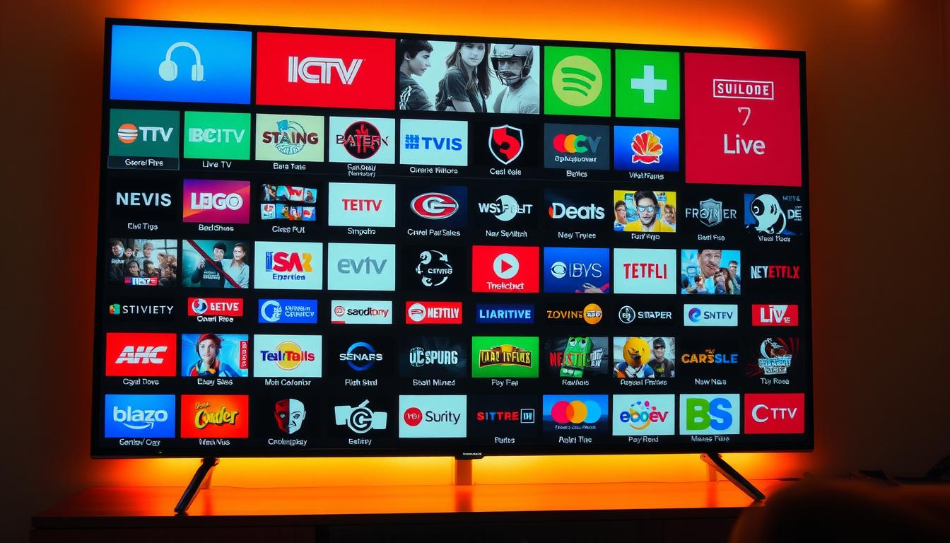 A vibrant and diverse array of IPTV channels displayed on a large, ultra-high-definition television screen, offering a vast selection of live TV, on-demand content, and streaming options. The screen is bathed in warm, ambient lighting, creating a cozy and inviting atmosphere. The channels are arranged in a visually appealing grid layout, showcasing a range of genres and categories, from news and sports to movies and entertainment. The overall scene conveys the benefits of an IPTV subscription, providing the viewer with endless entertainment options and the freedom to watch TV anywhere, anytime.