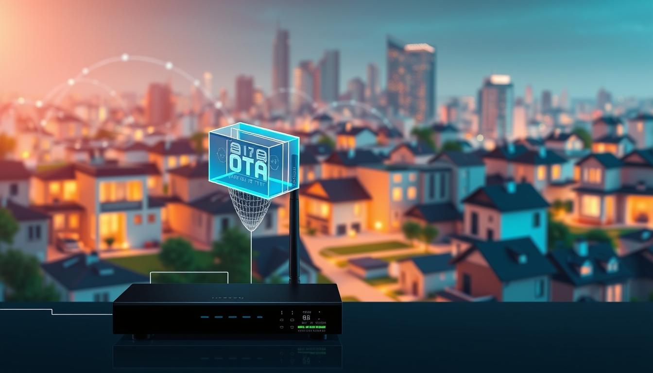 Detailed technical illustration of IPTV technology. In the foreground, a schematic diagram showcasing the core components - set-top box, router, internet connection, and streaming service. In the middle ground, a 3D visualization of data packets being transmitted over the internet. In the background, a stylized cityscape with various homes and buildings equipped with IPTV receivers, symbolizing the widespread adoption of the technology. The scene is illuminated by a warm, cinematic lighting, creating a sense of modernity and innovation. Rendered in a clean, technical style with emphasis on precision and functionality.