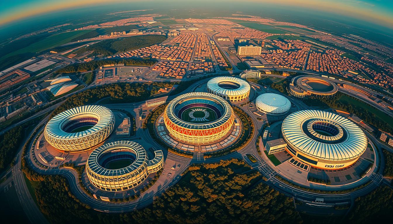 A panoramic aerial view of the 2026 FIFA World Cup stadiums, captured in warm, golden-hour lighting. Towering, state-of-the-art arenas nestled amidst lush landscapes, their modern architectures gleaming against the backdrop of vibrant cityscapes. The stadiums are strategically positioned across North America, showcasing the grandeur and scale of this historic tournament. Detailed textures and subtle shadows emphasize the stadiums' architectural features, while a sense of anticipation and excitement permeates the scene, hinting at the thrilling matches to come.
