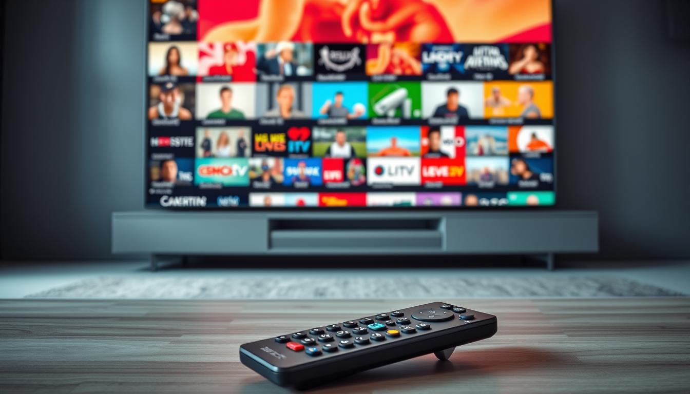 A large television display showcases a diverse array of live television channels, each with a vibrant, high-definition picture quality. The screen is surrounded by a sleek, modern entertainment system with a minimalist, grey-toned design. Soft, diffused lighting illuminates the scene, creating a sense of sophistication and technological prowess. In the foreground, a high-end remote control with intuitive controls rests on a polished, wooden surface, hinting at the seamless user experience. The overall atmosphere conveys a premium, cutting-edge IPTV service that delivers an unparalleled live TV viewing experience.
