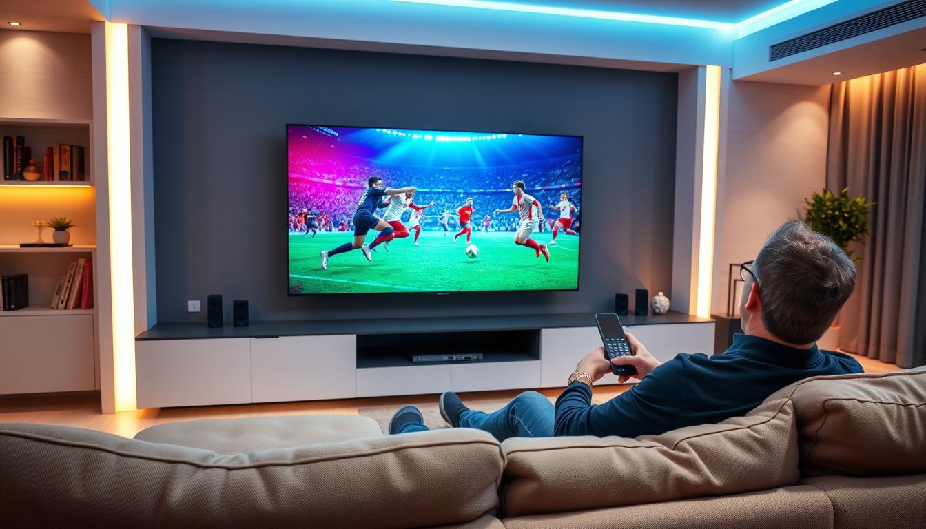 A sleek, modern living room with a large, high-definition TV screen prominently displayed. The screen shows a vibrant, immersive football match, with players in motion and the crowd roaring in the background. The room is well-lit, with a mix of warm and cool lighting that creates a cozy, inviting atmosphere. In the foreground, a person is seated comfortably on a plush sofa, holding a remote control and enjoying the IPTV service. The overall scene conveys the excitement and convenience of watching the World Cup 2026 matches in the comfort of one's own home.