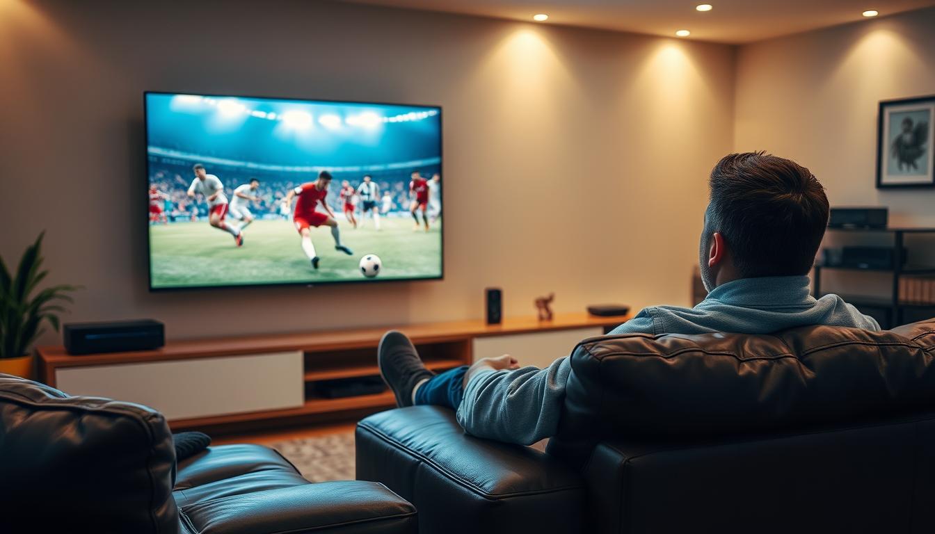 A cozy living room with a large, high-definition TV screen prominently displayed, showcasing a football match from the FIFA World Cup. In the foreground, a viewer sits comfortably on a plush leather sofa, fully immersed in the dynamic action unfolding on the screen. Soft, warm lighting illuminates the scene, creating a sense of inviting ambiance. The background features a sleek, modern entertainment center housing various streaming devices, hinting at the seamless digital experience. The overall composition conveys the thrill and excitement of following the world's premier football tournament in the comfort of one's own home, with the best viewing quality.