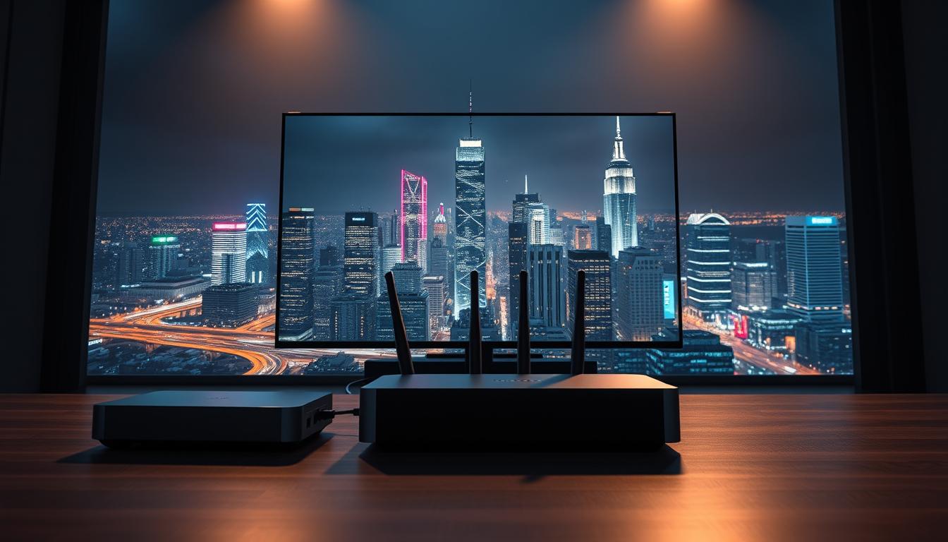 A high-tech, futuristic IPTV streaming setup. In the foreground, a sleek, minimalist streaming device connects to a high-definition TV. In the middle ground, a network router and smart home hub create a seamless digital ecosystem. In the background, a cityscape skyline with towering skyscrapers and glowing, neon-lit streets, symbolizing the global connectivity and modern convenience of IPTV. Dramatic, moody lighting casts long shadows, conveying a sense of power and innovation. The overall atmosphere is one of cutting-edge technology, advanced entertainment, and the evolution of television in the digital age.