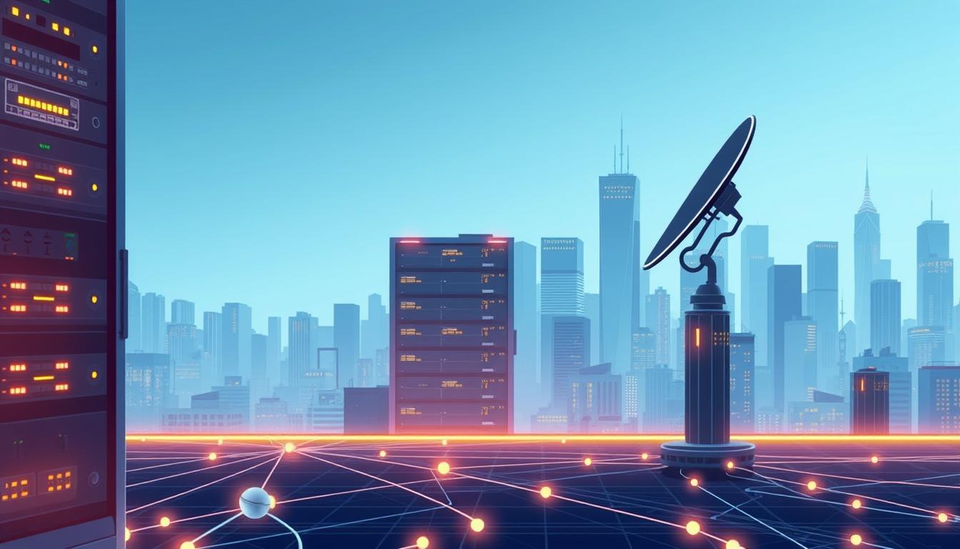High-quality detailed illustration of IPTV technology, with a clean, modern aesthetic. Show a futuristic network diagram in the foreground, with a server rack and satellite dish in the middle ground, and a cityscape with skyscrapers in the background. Use a cool color palette with shades of blue and gray, with warm highlights. Depict the technology with precision and technical accuracy, while maintaining an artistic, visually compelling composition. The scene should convey the advanced, interconnected nature of IPTV infrastructure.