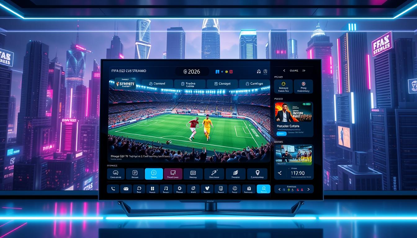 A high-tech futuristic interface showcasing IPTV streaming capabilities for the upcoming FIFA 2026 World Cup. In the foreground, a sleek and minimalist smart TV display depicts real-time match footage, surrounded by an array of sports streaming service icons and overlays. The middle ground features a transparent control panel with intuitive touch-based controls for navigating channels, schedules, and playback options. In the background, a dynamic cityscape with towering skyscrapers and glowing neon signage creates an immersive, cyberpunk-inspired atmosphere. Subtle lighting effects and a color palette of blues, purples, and whites convey a sense of digital modernity and technological innovation befitting the IPTV sports viewing experience.