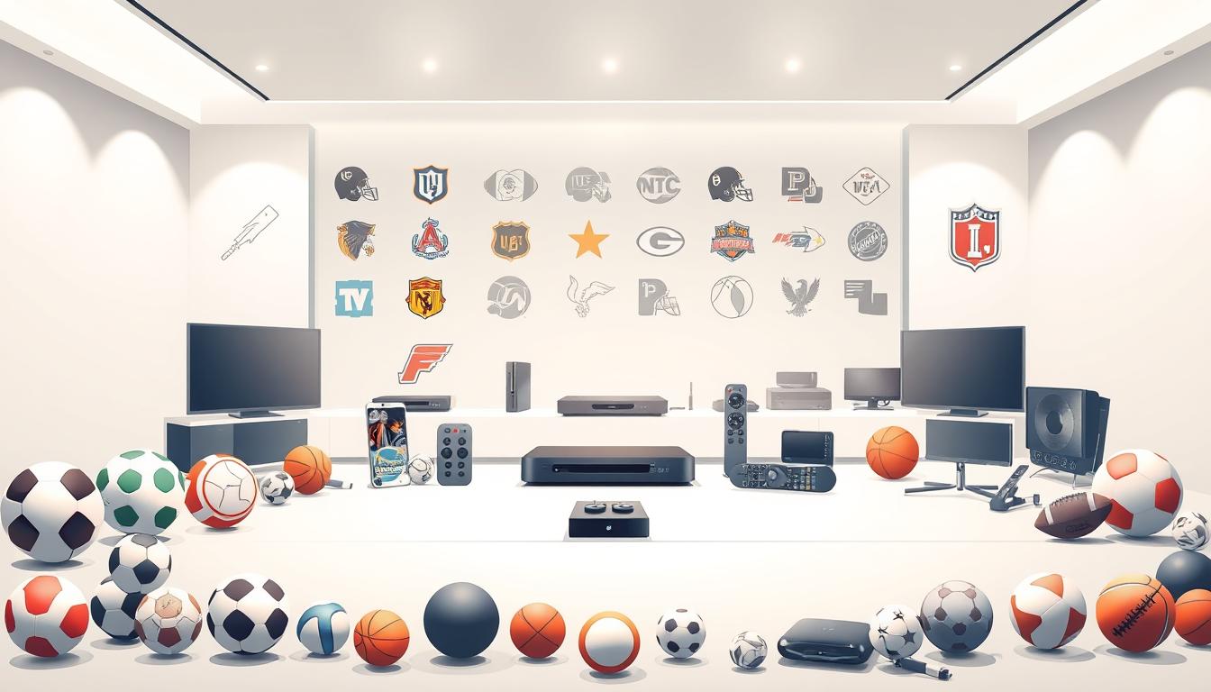A high-quality digital illustration showcasing a diverse range of IPTV sports packages. In the foreground, various sports logos and icons are artfully arranged, including soccer, basketball, hockey, and football. The middle ground features an array of modern streaming devices and remote controls, hinting at the seamless integration of IPTV technology. The background depicts a sleek, minimalist space with clean lines and a neutral color palette, creating a sophisticated and visually appealing composition. The lighting is soft and diffused, resulting in a warm and inviting atmosphere that emphasizes the premium nature of the IPTV sports offerings.