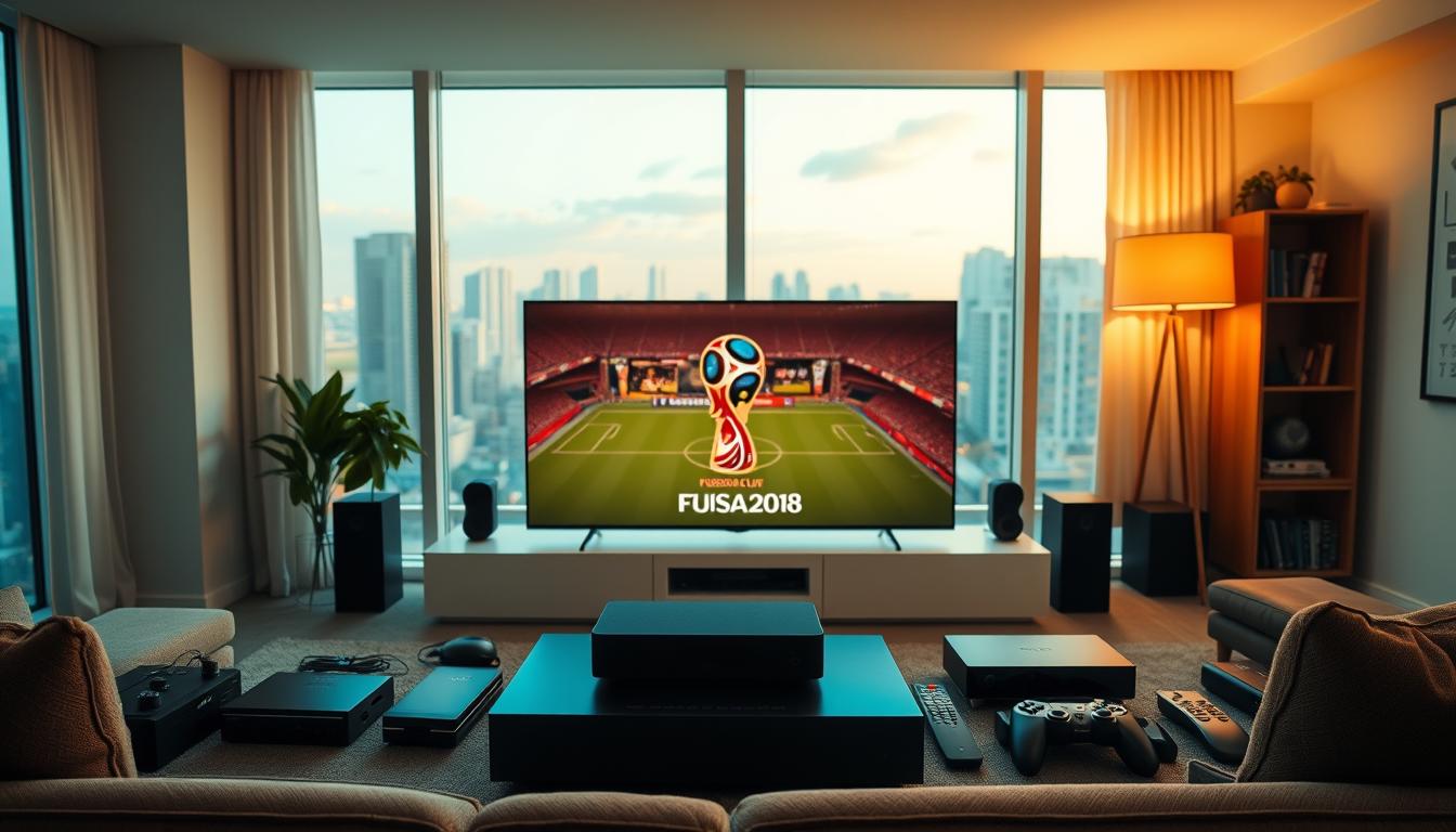 A panoramic view of a modern living room, with a large flat-screen TV as the focal point. Surrounding the TV are various streaming devices, cable boxes, and remote controls, each representing a different FIFA World Cup viewing option. Soft, warm lighting illuminates the scene, creating a cozy atmosphere. In the background, a window offers a glimpse of a city skyline, hinting at the global reach of the event. The arrangement of the devices and the carefully curated details convey a sense of comparison and analysis, inviting the viewer to explore the different FIFA World Cup viewing experiences.