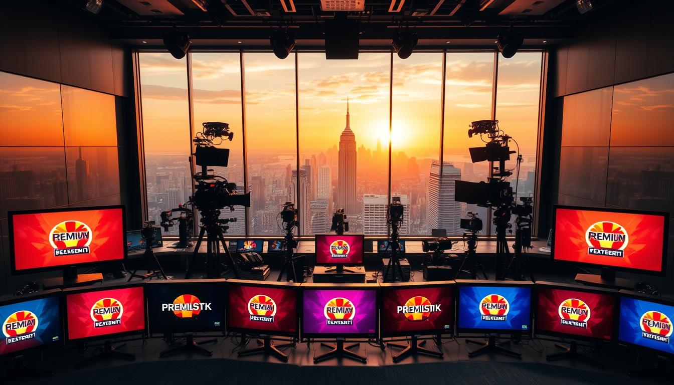 A high-end television studio with a sleek, modern design. The foreground features a row of professional-grade monitors displaying various premium TV channel logos in vibrant, high-definition colors. The middle ground showcases state-of-the-art broadcasting equipment, cameras, and lighting rigs, all meticulously arranged. In the background, a vast, panoramic window reveals a cityscape bathed in the warm glow of the setting sun, creating a stunning, cinematic atmosphere. The overall scene conveys a sense of technological sophistication, visual excellence, and the vast entertainment possibilities of a premium IPTV subscription.