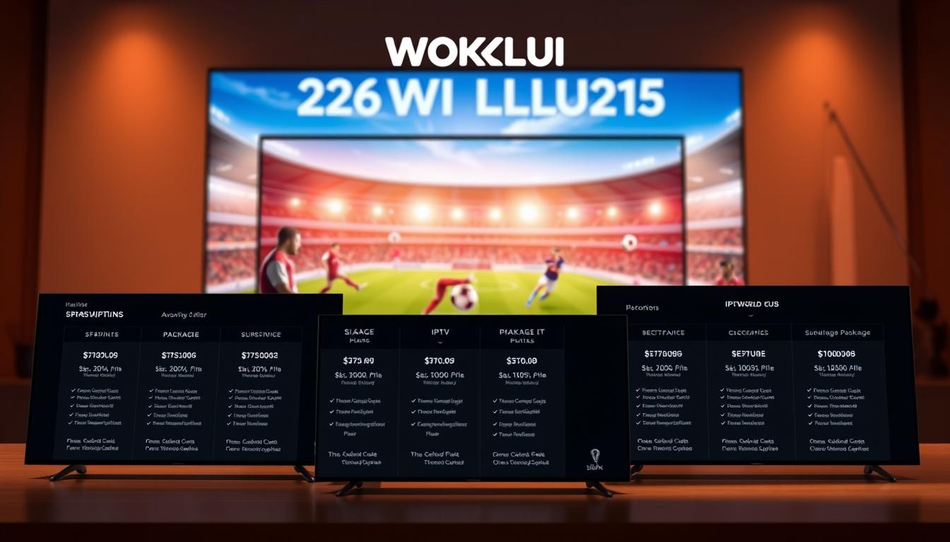 Detailed IPTV subscription plans for the 2026 World Cup, showcased on sleek, modern devices. The foreground displays various package options, with clear pricing and feature breakdowns. The middle ground depicts fluid, immersive soccer match footage, capturing the excitement of the tournament. The background features a dynamic, minimalist sports stadium illustration, hinting at the global scale of the event. Warm, cinematic lighting enhances the premium feel, while a shallow depth of field focuses the viewer's attention on the key information. The overall composition conveys a sense of professionalism, accessibility, and the thrill of the World Cup experience.