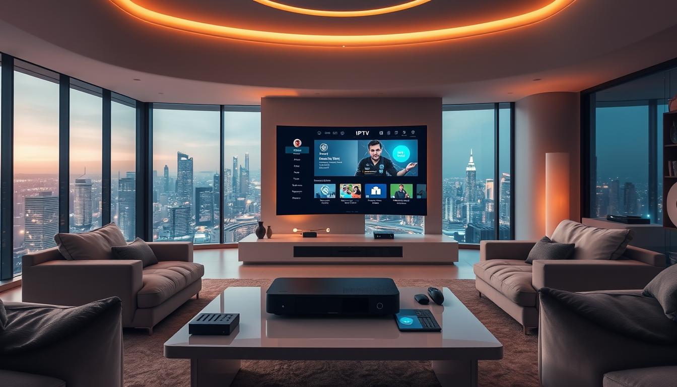 A futuristic, high-tech living room with a large, curved OLED TV as the centerpiece, displaying a sleek IPTV user interface. The room is bathed in a warm, ambient lighting, creating a cozy and immersive atmosphere. In the foreground, a modern, minimalist coffee table holds a high-end streaming device, remote control, and various smart home devices. The middle ground features plush, comfortable seating arrangements, while the background showcases large windows overlooking a vibrant city skyline, blending the digital and physical worlds. The overall scene conveys the seamless integration of IPTV technology into the modern home, revolutionizing the way we consume and interact with entertainment.