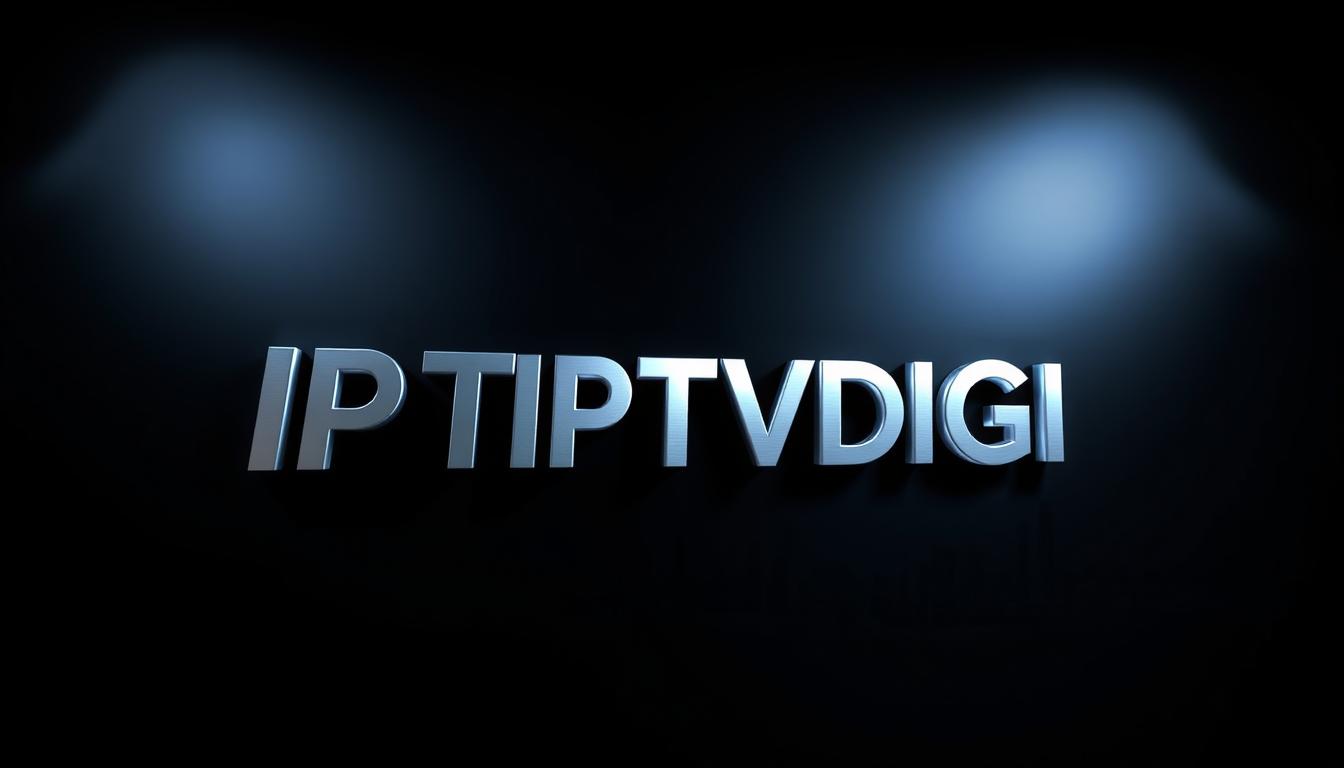 A modern, sleek logo for the IPTVDIGI IPTV service, rendered in 3D with a metallic sheen and dramatic lighting. The logo features the company name in a bold, minimalist font, with the word "IPTV" highlighted in a contrasting color. The logo is placed on a dark, shadowy background, with subtle hints of an urban cityscape in the distance, suggesting the service's global reach and high-tech capabilities. The overall mood is one of sophistication, reliability, and cutting-edge technology.