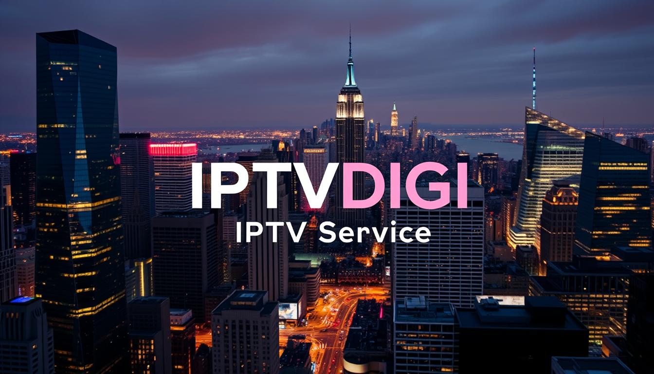 A sleek, modern logo for IPTVDIGI IPTV Service, set against a backdrop of a bustling cityscape. The logo features a clean, minimalist design with the company name in a bold, geometric font. The cityscape in the background has a dynamic, energetic feel, with towering skyscrapers, neon signs, and a vibrant nighttime atmosphere. The overall composition conveys a sense of cutting-edge technology, reliability, and the promise of a vast selection of high-quality IPTV channels for American viewers.