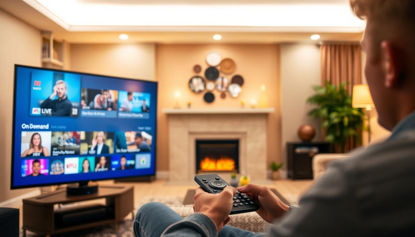 A high-quality, detailed image of an IPTV streaming service in Canada. The foreground shows a smart TV screen displaying a user interface with various live TV channels and on-demand content, with a clean, modern design. The middle ground features a person comfortably using a remote control to navigate the IPTV service. The background depicts a cozy living room setting with warm lighting and tasteful decor, suggesting a relaxed, at-home viewing experience. The overall scene conveys the convenience, accessibility, and seamless integration of an IPTV service within a Canadian household.