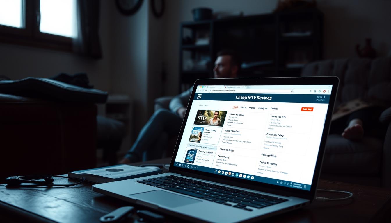 A dimly lit living room interior, with a laptop open on a cluttered coffee table, displaying a web page showcasing various "Cheap IPTV Services" offerings. The room is dominated by muted colors, with a sense of a budget-conscious atmosphere. The laptop screen casts a soft glow, illuminating the faces of two people sitting on a worn couch, deep in discussion about the IPTV options. The scene conveys a feeling of trying to find an affordable yet reliable streaming solution, set against the backdrop of a modest, everyday home environment.