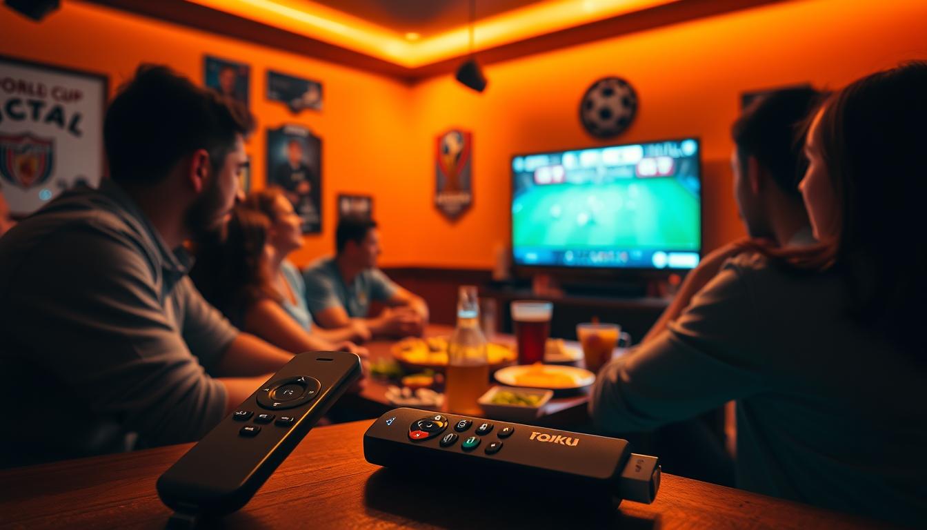 A dimly lit sports bar setting, with a group of friends gathered around a large-screen TV, intensely watching a FIFA World Cup match. The lighting is a warm, inviting amber, creating a cozy atmosphere. In the foreground, a remote control and a streaming device, such as a Roku or Amazon Fire TV Stick, are prominently displayed, suggesting the use of IPTV technology to access the match. The middle ground features a spread of snacks and beverages, creating a sense of camaraderie and celebration. In the background, subtle sports memorabilia and posters adorn the walls, reinforcing the venue's focus on the FIFA World Cup event.