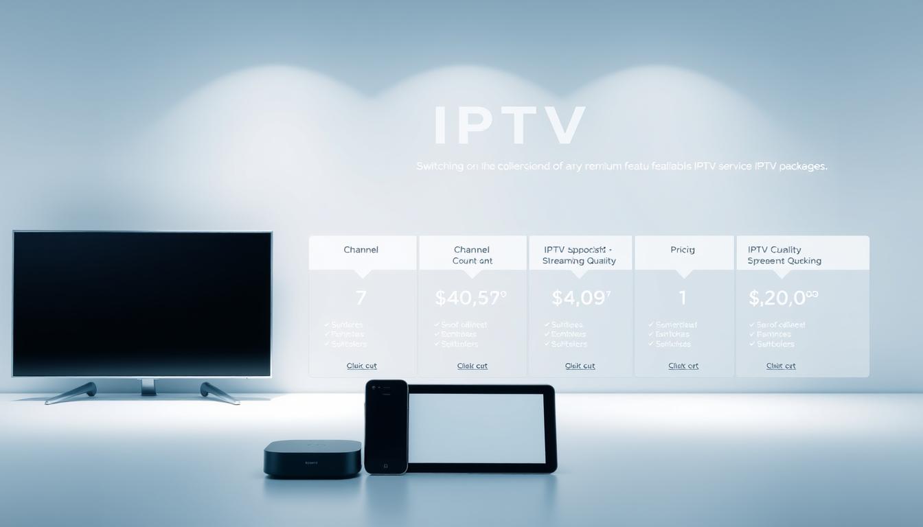 A modern, well-designed IPTV service display showcasing various package offerings. The foreground features several sleek, minimalist device icons - a smart TV, smartphone, and tablet - neatly arranged. The middle ground highlights key IPTV package details such as channel count, streaming quality, and pricing, presented in a clean, infographic-style layout. The background contains a subtle geometric pattern in a cool, calming color palette, creating a sense of professionalism and technological sophistication. Soft, balanced lighting illuminates the scene, emphasizing the premium, high-tech nature of the IPTV packages. The overall composition conveys the benefits of switching to a reliable, feature-rich IPTV service.