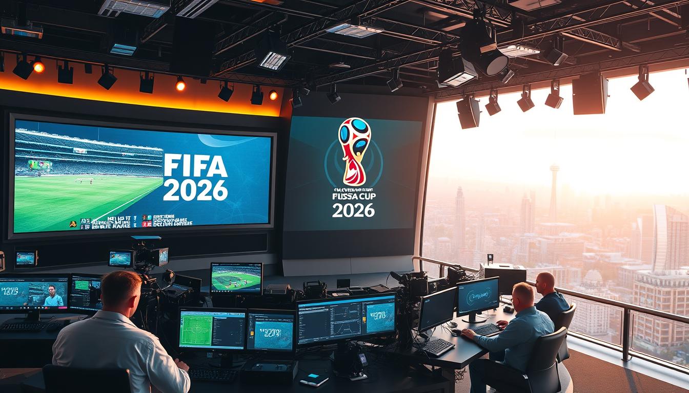 A high-tech broadcast studio with a massive curved LED screen displaying the FIFA 2026 logo. In the foreground, a team of engineers monitors multiple video feeds, adjusting levels and camera angles. Sleek production equipment, cables, and lighting rigs fill the space, creating an atmosphere of technological sophistication. The background showcases a panoramic view of a futuristic city skyline, hinting at the global scale and digital distribution of the event. Warm lighting and a sense of energy and anticipation pervade the scene, reflecting the challenge of delivering a seamless IPTV streaming experience for the FIFA 2026 World Cup.