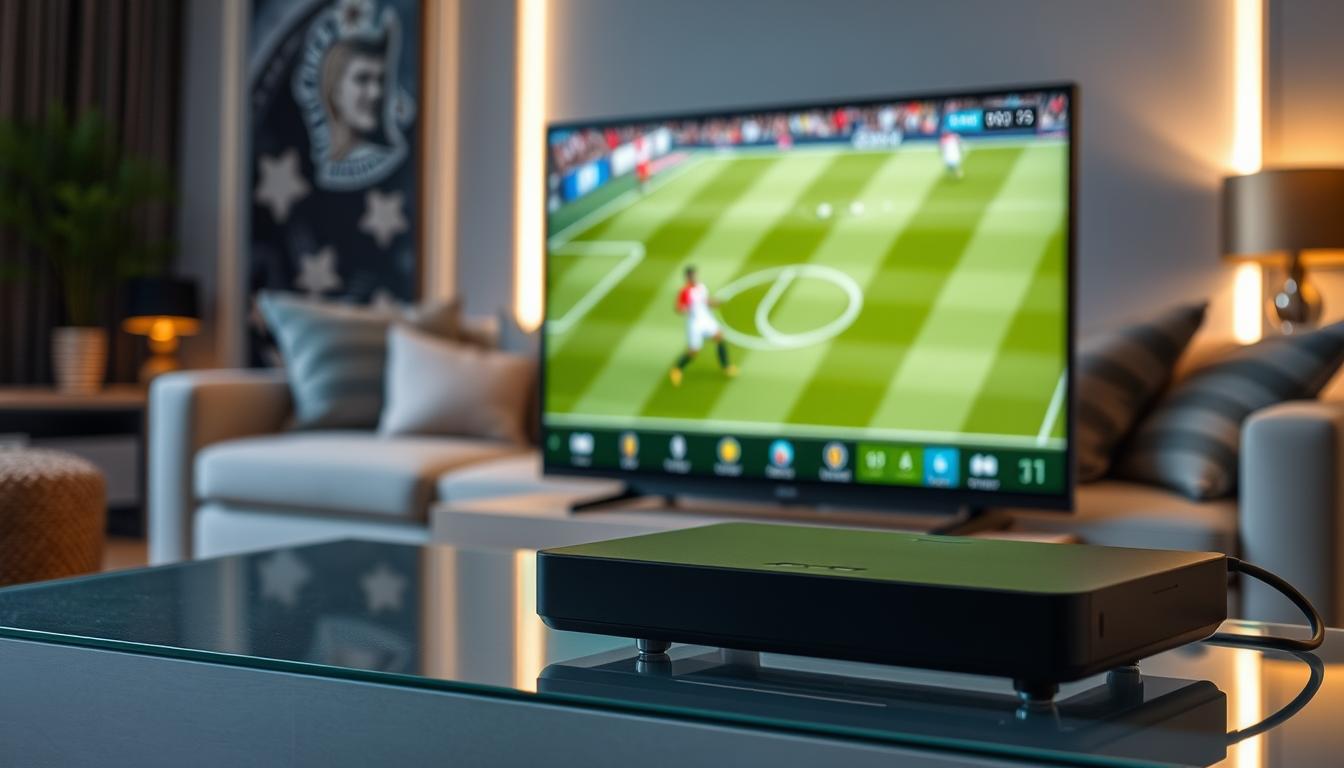 A modern, sleek IPTV device displaying a live soccer match, its UI featuring intuitive controls and a clean, minimalist design. The screen is crisp and vibrant, showcasing the game in high definition. In the background, hints of a living room setting with a plush sofa and cozy lighting, creating a comfortable, home theater-like atmosphere perfect for enjoying the FIFA World Cup matches. The overall scene conveys the convenience and seamless experience of IPTV technology for live sports streaming.
