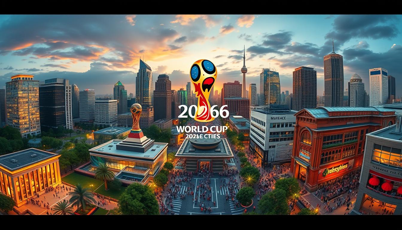 Vibrant panorama showcasing the host cities for the 2026 FIFA World Cup. Detailed cityscapes of modern metropolises with iconic landmarks and bustling street life, captured in a cinematic wide-angle perspective. Lush greenery, shimmering skyscrapers, and colorful crowds create an energetic, anticipatory atmosphere. Varied architectural styles and cultural influences from North America, with an emphasis on the unique identities of each host location. Soft, warm lighting accentuates the dynamic energy, hinting at the excitement and spectacle to come. A visually striking image that evokes the global scale and significance of this premier sporting event.