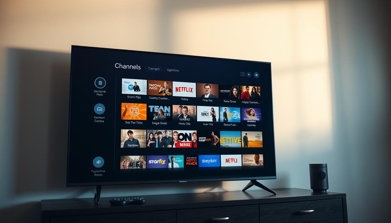A detailed IPTV channel selection interface displayed on a sleek, modern television screen. The interface showcases an elegant grid layout with vibrant channel logos, categorized genres, and customizable settings. Soft, indirect lighting creates a cozy, inviting atmosphere, drawing the viewer's attention to the vivid, high-definition content. The composition emphasizes the intuitive user experience, with clean lines, subtle shadows, and a minimalist aesthetic that reflects the sophistication of the IPTV platform. The overall scene conveys a sense of immersive entertainment and seamless content discovery.