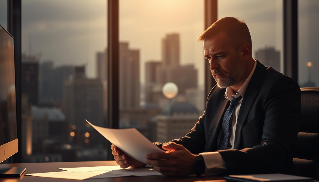 A dimly lit interior of a modern office, with a large window overlooking a cityscape in the background. In the foreground, a businessman in a suit sits at a desk, intently studying legal documents, his brow furrowed in concentration. The lighting is soft and warm, creating a contemplative atmosphere. The sense of tension and uncertainty is palpable, as the man grapples with the legal complexities surrounding the use of IPTV services in the United States.