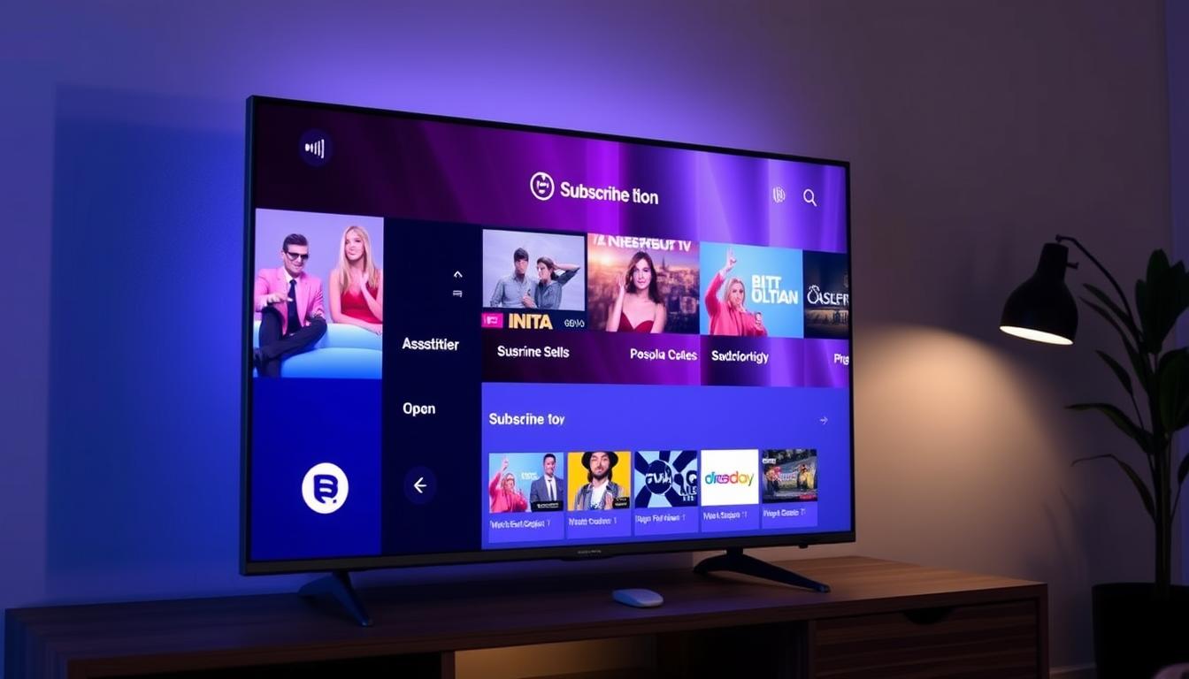 A sleek, modern smart TV displaying a visually appealing IPTV subscription deal interface. The screen shows a clean, minimalist design with large, high-quality images of popular live TV channels, a prominent "Subscribe Now" button, and well-organized menu options. The TV is positioned on a stylish, wooden entertainment unit, with subtle ambient lighting creating a warm, inviting atmosphere. The overall scene conveys the convenience and benefits of an IPTV subscription for a smart TV user, encouraging them to explore the diverse content and seamless viewing experience.