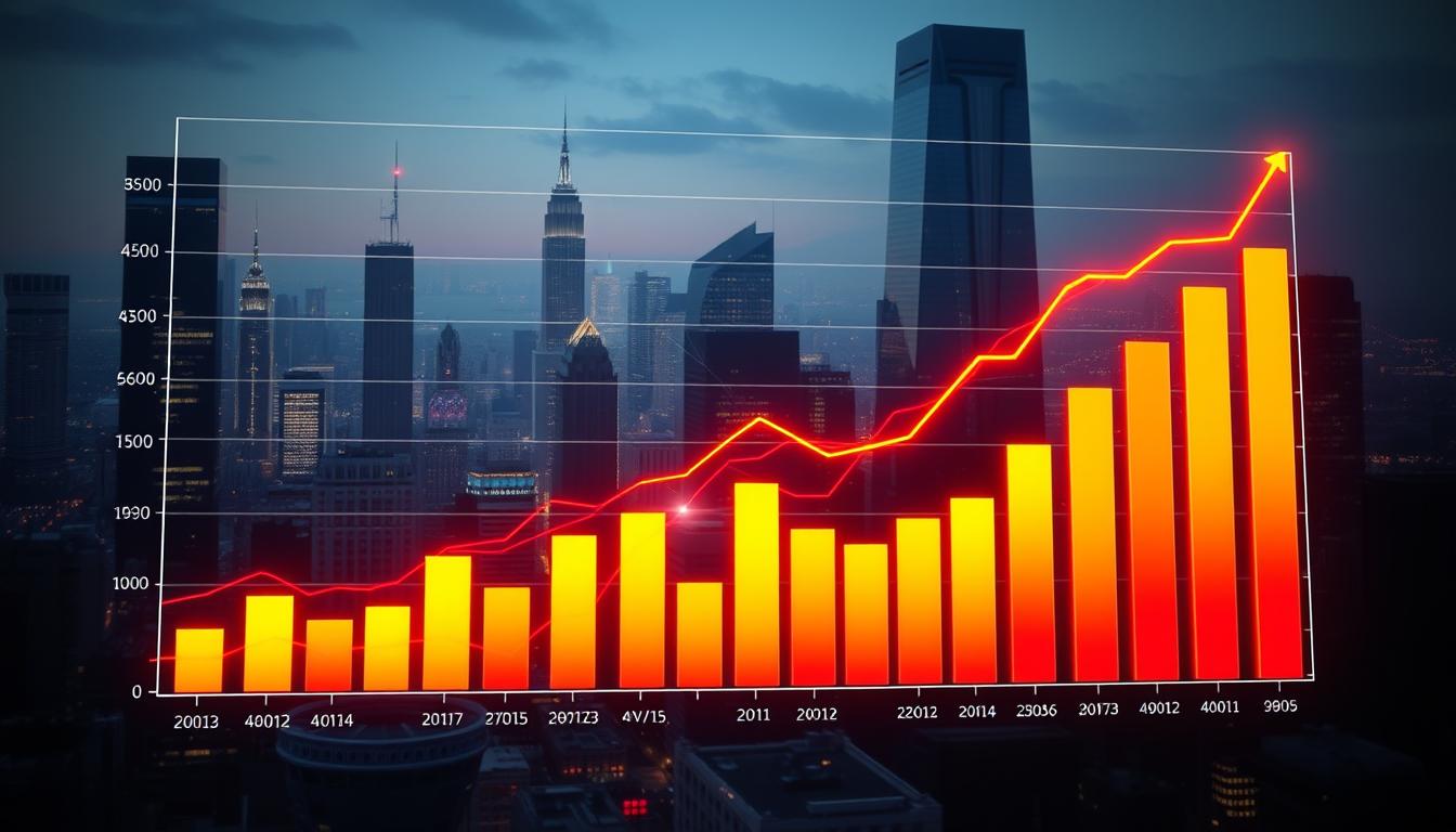 A large, illuminated graph depicting the current trends in the IPTV market, with lines and bars in vibrant colors representing growth, market share, and adoption rates. The background features a cityscape of skyscrapers and digital infrastructure, conveying the technological and urban setting of the IPTV industry. The image has a clean, modern aesthetic, with subtle shadows and highlights that give depth and dimensionality to the visualization. The overall composition and color palette create a sense of authority and professionalism, suitable for inclusion in an article about leading IPTV providers in the USA market.