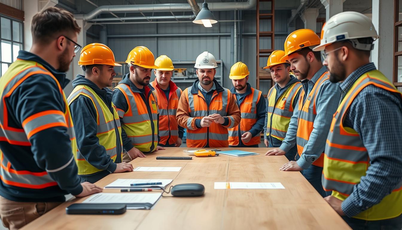 Équipe de chantier en formation sur l'utilisation d'un système de suivi pour éviter la perte de matériel chantier