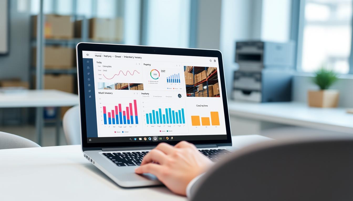 Professionnel gérant des stocks à distance sur un ordinateur portable montrant des graphiques d'inventaire en temps réel