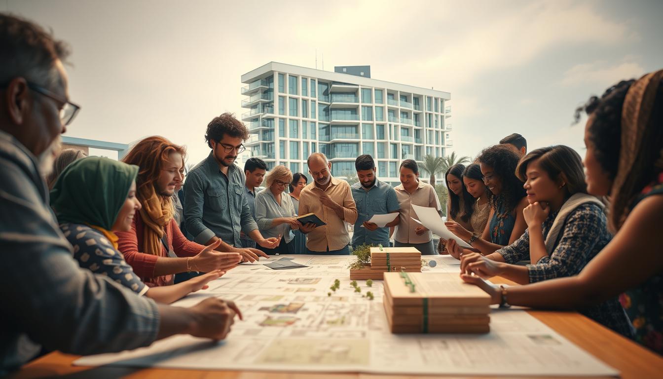 A bustling community gathering, individuals of diverse backgrounds collaborating on climate-resilient architectural designs. In the foreground, a group of local residents animatedly discussing plans laid out on a large table, gesturing with enthusiasm. The middle ground features architects and engineers working alongside community members, sketching and modeling innovative solutions. In the background, a modern, energy-efficient building rises, its sleek lines and integrated green features serving as a testament to the successful partnership. Soft, warm lighting illuminates the scene, conveying a sense of unity, progress, and a shared commitment to creating a sustainable future. Captured through a wide-angle lens, the image conveys the spirit of inclusive, community-driven climate adaptation.