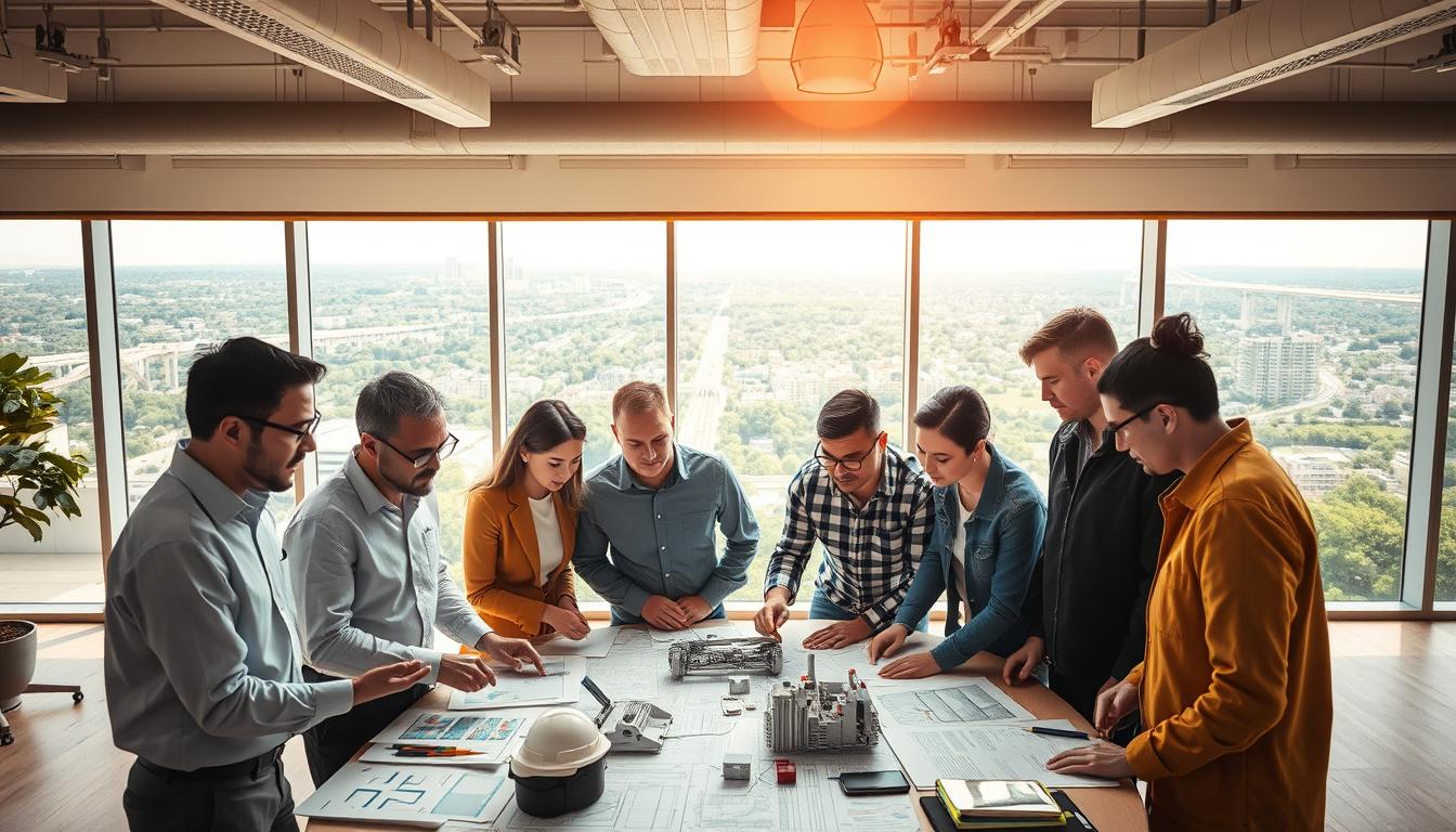 A diverse team of engineers collaborating under warm, natural lighting. In the foreground, a group of professionals from various disciplines - civil, mechanical, electrical, and environmental - gathered around a table, intently studying 3D models and schematics. The middle ground features an open-concept office space with floor-to-ceiling windows, allowing ample daylight to filter in. In the background, a panoramic view of a lush, green cityscape with resilient infrastructure, highlighting their efforts to create sustainable solutions. The overall atmosphere conveys a sense of innovation, cooperation, and a shared commitment to building a climate-resilient future.