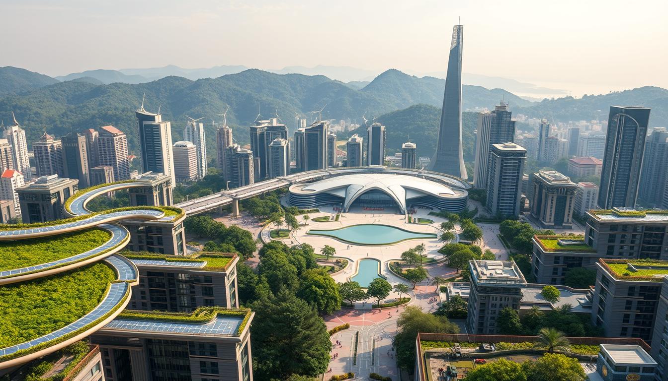 Panoramic view of a futuristic, climate-resilient city skyline. In the foreground, a network of elevated, solar-powered walkways and bike lanes connects high-rise buildings with lush green rooftop gardens. The middle ground features a central plaza with a large, recirculating water feature, surrounded by energy-efficient skyscrapers with wind turbines on their roofs. In the background, rolling hills covered in dense, diverse forests act as a natural buffer against extreme weather. Soft, diffused lighting creates a serene, hopeful atmosphere, highlighting the harmonious integration of sustainable infrastructure and natural elements.