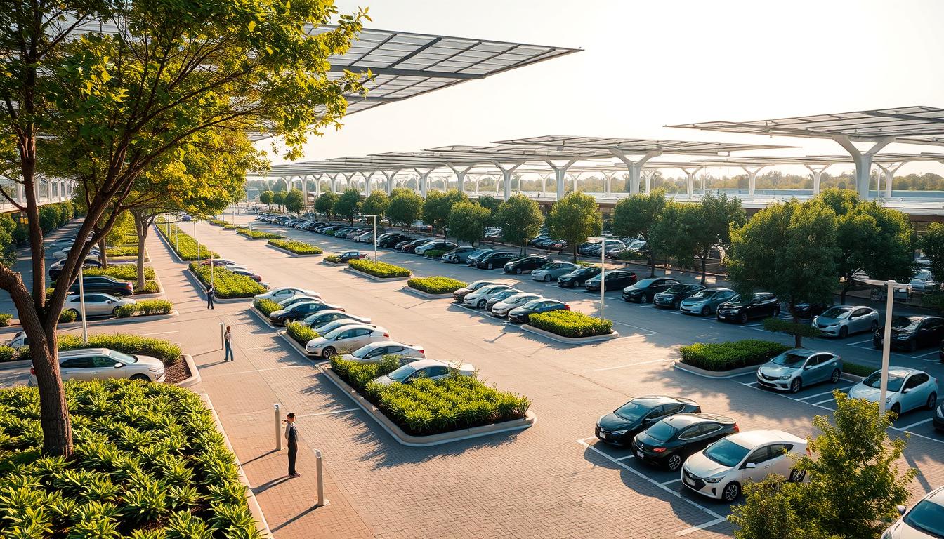 A vast, serene parking lot bathed in warm, natural lighting. Rows of hybrid and electric vehicles are neatly arranged, interspersed with lush, verdant planters and permeable pavement that allows rainwater to percolate. Solar canopies stretch overhead, harnessing renewable energy to power the lot's lighting and electric vehicle charging stations. Pedestrian walkways wind through the landscape, shaded by towering, native trees. The overall atmosphere exudes a harmonious balance between functionality and environmental stewardship, showcasing a sustainable parking design that minimizes the ecological impact.