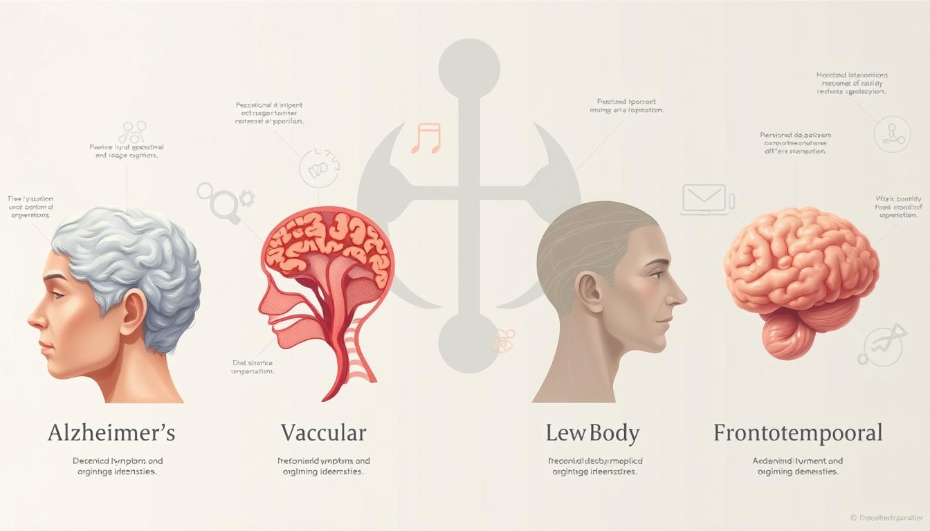 Detailed illustration of the different types of dementia, showcasing their unique characteristics and manifestations. A crisp, high-resolution digital painting with a clean, clinical aesthetic. The foreground depicts the core dementia types - Alzheimer's, Vascular, Lewy Body, and Frontotemporal - as distinct visual representations. The middle ground highlights the key symptoms and cognitive impairments associated with each type. The background features a subtle, monotone medical/scientific motif, conveying a sense of understanding and informative context. Soft, directional lighting and a shallow depth of field create depth and focus, while muted colors and minimalist design evoke a contemplative, educational tone.