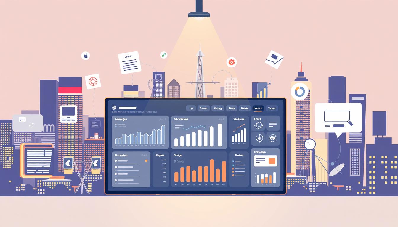 A modern, minimalist-style illustration depicting key UX elements that drive marketing ROI. In the foreground, a sleek dashboard showcasing user analytics, conversion metrics, and campaign performance data. Surrounding it, floating icons and infographic elements representing user experience touchpoints like intuitive navigation, seamless user flows, and personalized content. In the background, a vibrant cityscape with skyscrapers and digital displays, conveying the scale and impact of effective UX on digital marketing success. Subtle lighting from above casts a warm, professional glow. The overall composition is dynamic, data-driven, and visually compelling, emphasizing how user experience fuels marketing's return on investment.