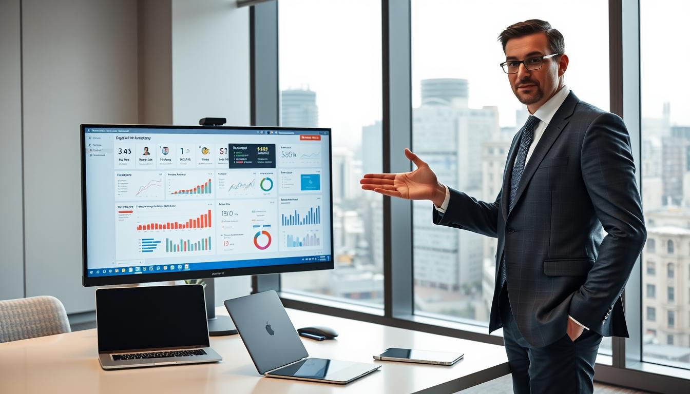 A digital marketing manager standing confidently in a modern, minimalist office setting. The manager is dressed in a sharp, well-tailored suit, exuding an air of professionalism and authority. In the foreground, the manager's hands are gesturing as they explain a strategy on a large, sleek computer monitor displaying various analytics and digital marketing campaign data. The middle ground features a clean, organized desk with a laptop, tablet, and other digital tools of the trade. The background showcases floor-to-ceiling windows offering a panoramic view of a bustling city skyline, symbolizing the fast-paced, tech-driven nature of the digital marketing industry. Soft, directional lighting illuminates the scene, creating a polished, high-contrast aesthetic.