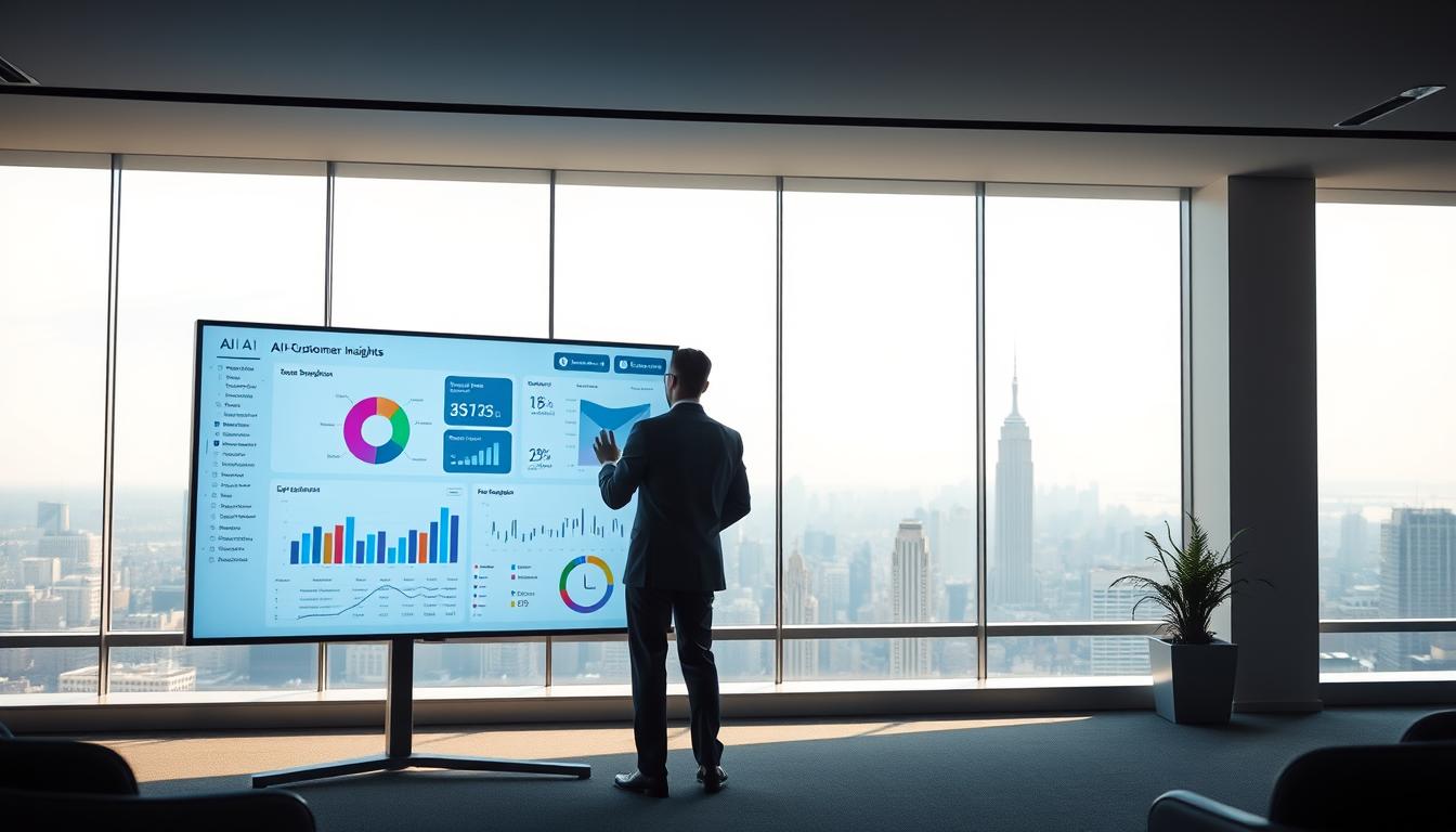 A sleek, minimalist office setting with a large display screen in the foreground, showcasing an AI-powered customer insights dashboard. Soft, directional lighting illuminates the scene, creating a sense of depth and focus. In the middle ground, a data analyst or marketing professional interacts with the dashboard, examining customer segmentation, behavior patterns, and personalized recommendations. The background features a panoramic city skyline, hinting at the global reach and scale of the AI-driven insights. The overall atmosphere conveys a sense of technological prowess, data-driven decision-making, and the transformative power of AI in the world of digital marketing.