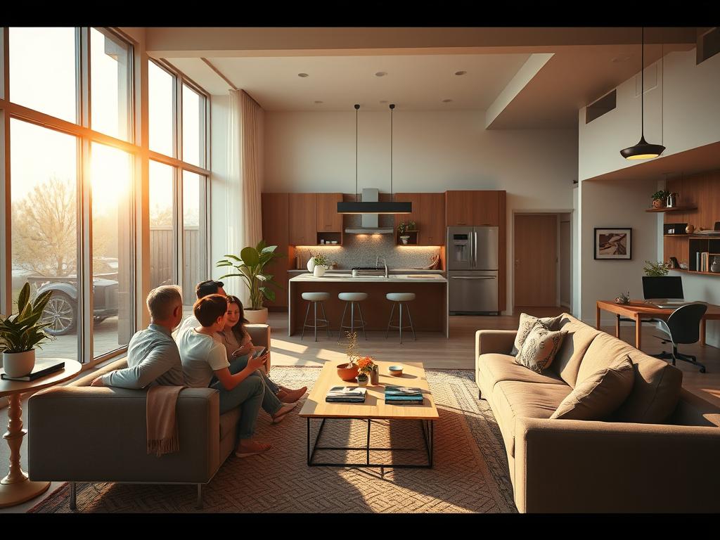 a hyper-realistic, cinematic, wide-angle image of a modern, stylish smart home interior. The scene shows a cozy, open-concept living room with large windows flooding the space with warm, natural lighting. In the foreground, a family is gathered around a coffee table, interacting with voice-controlled smart home devices. In the middle ground, the kitchen area features sleek, integrated appliances and smart lighting. The background showcases a home office space with a desk and chair, showcasing various smart home automation and monitoring systems. The overall mood is one of comfort, efficiency, and seamless technological integration, conveying the transformative power of smart home technologies in enhancing everyday life.