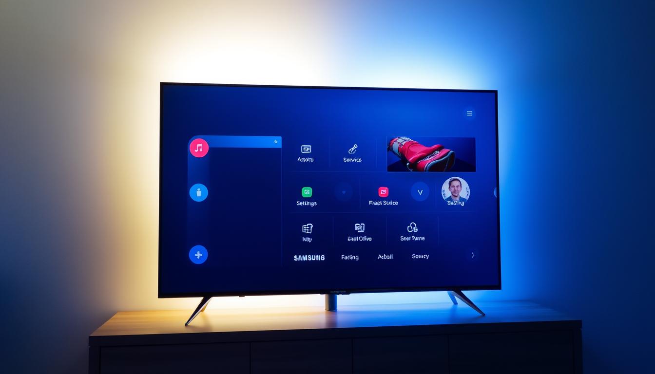 A Samsung smart TV home screen, bathed in soft, ambient lighting. The navigation interface is sleek and intuitive, with clearly delineated sections for apps, settings, and content sources. The layout is symmetrical and visually balanced, with icons and menu options arranged in a clean, organized manner. The background is a subtle gradient, lending a sense of depth and sophistication. The entire scene conveys a sense of modern, high-tech elegance, inviting the user to explore the TV's capabilities with ease and confidence.