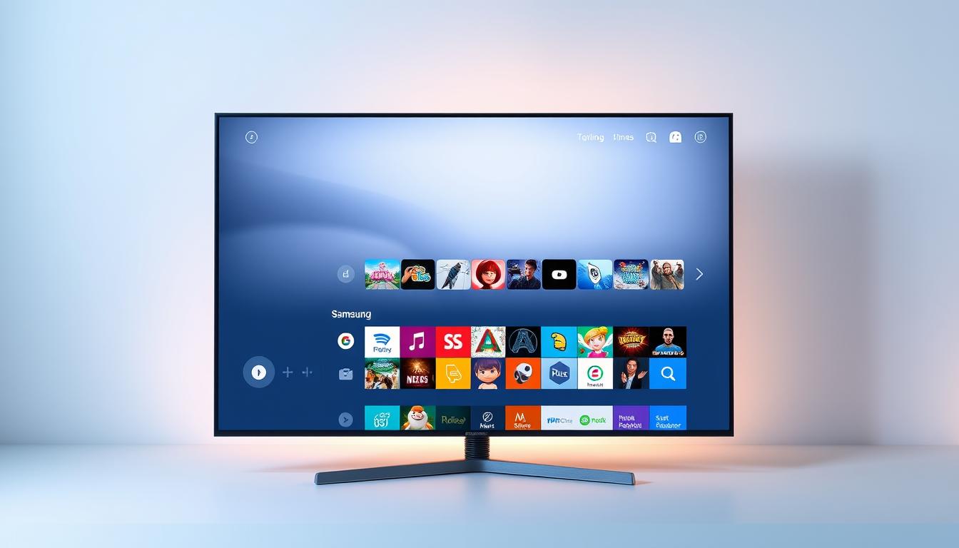 A sleek, modern Samsung Smart TV app store interface, showcasing a wide array of colorful app icons arrayed against a clean, minimalist background. The foreground features a large central screen displaying the app store's homepage, with crisp high-resolution graphics and a minimalist, user-friendly layout. The middle ground includes a sidebar menu with various app categories, while the background depicts a subtle gradient or soft-focus pattern, creating a sense of depth and sophistication. Soft, diffused lighting casts a warm, inviting glow across the entire scene, accentuating the premium quality and seamless user experience of the Samsung Smart TV platform.