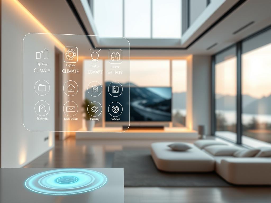 A futuristic, minimalist smart home interior with sleek, integrated technologies. In the foreground, a floating holographic interface displays digital controls for lighting, climate, and home security. The middle ground features seamless voice-activated smart speakers and a large, high-resolution display panel. The background showcases panoramic windows overlooking a serene, technology-enhanced landscape. Soft, warm lighting and muted tones create a tranquil, sophisticated atmosphere. The scene conveys a sense of harmony between advanced technologies and natural elements, showcasing the future of intelligent, responsive home design.