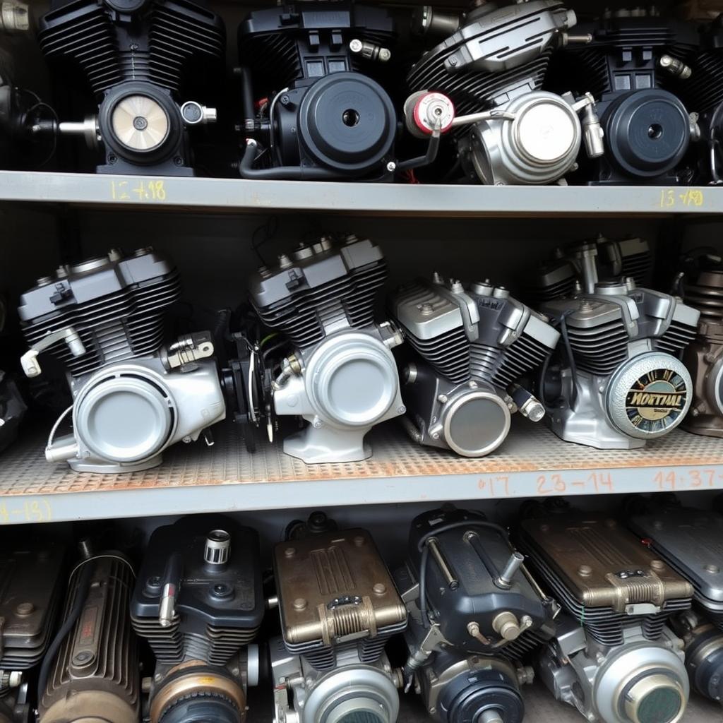 Organized shelves of used motorcycle engines and transmissions at Motorbike Wreckers North Brisbane
