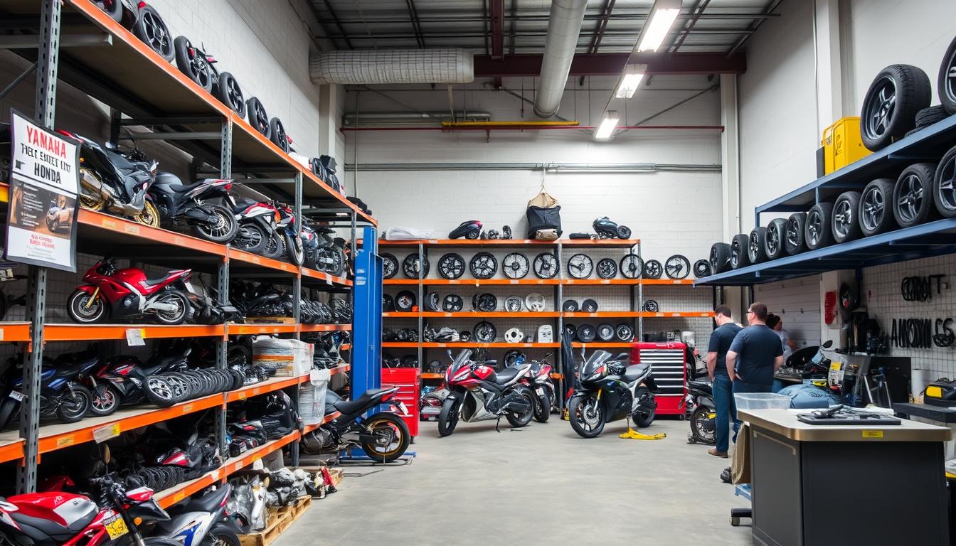 Motorbike Wreckers South Brisbane facility with various motorcycle parts organized on shelves