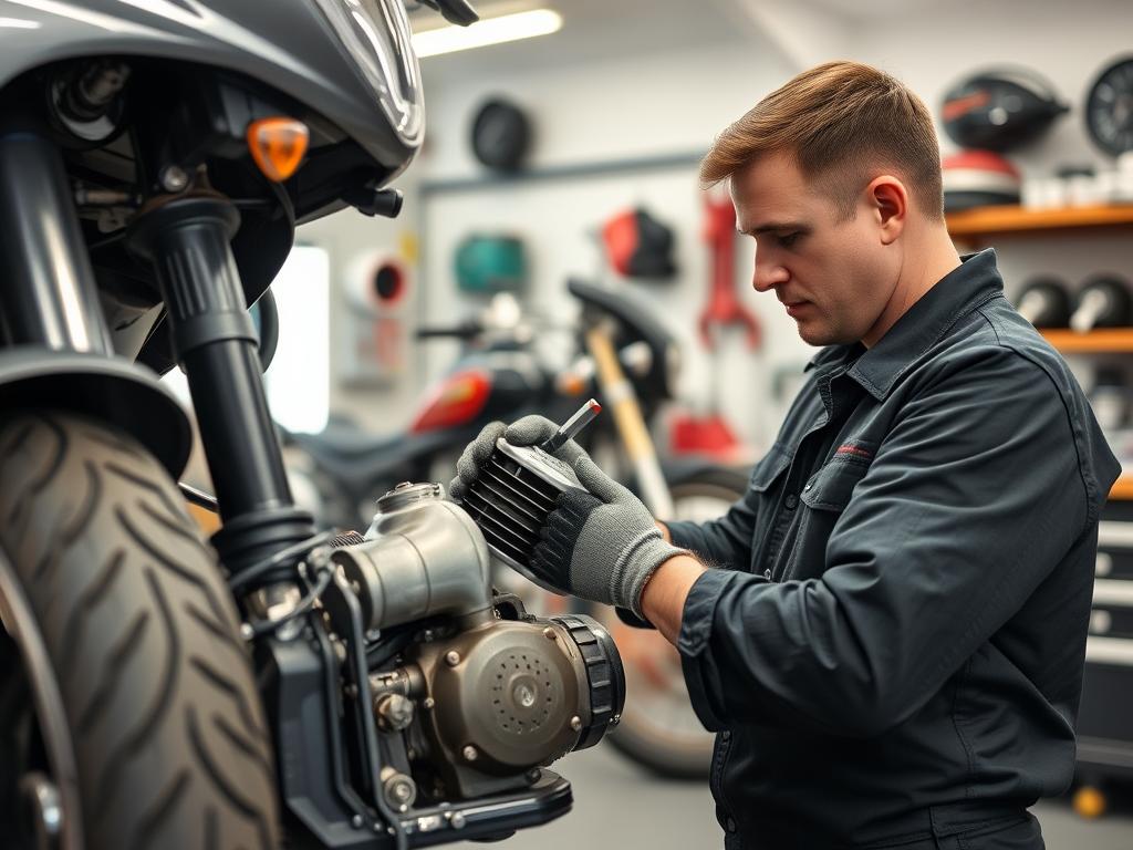 Professional motorcycle mechanic inspecting parts at Motorbike Wreckers Wynnum-Manly
