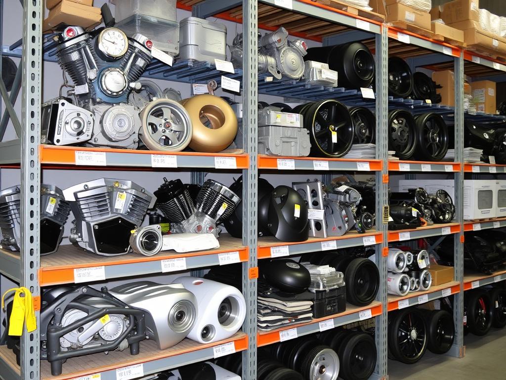 Organized shelves of quality used motorcycle parts at Motorbike Wreckers Redcliffe