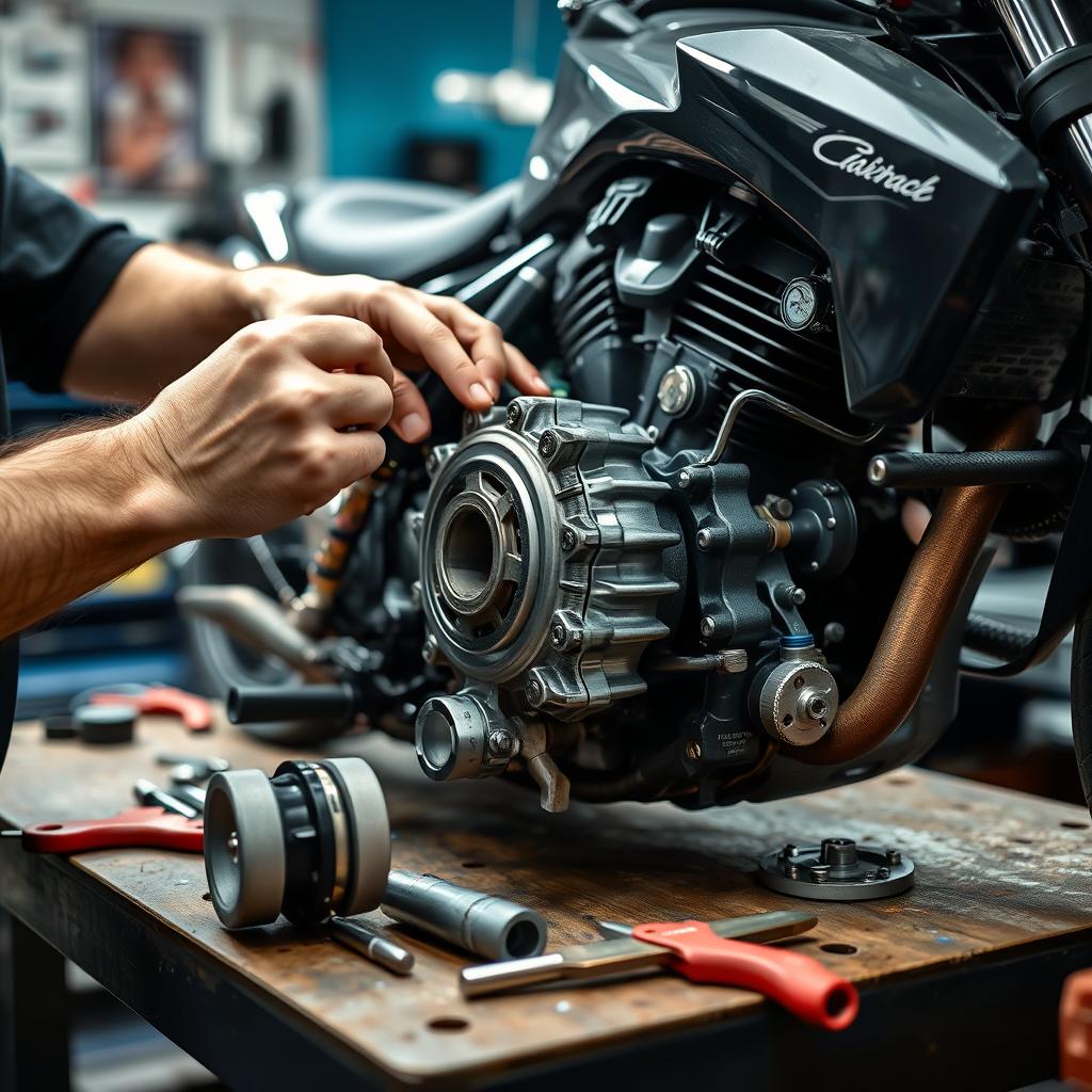 Motorcycle technician working on a bike engine at Redcliffe workshop