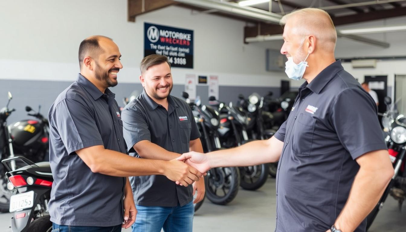 Motorbike Wreckers Logan team with satisfied customer